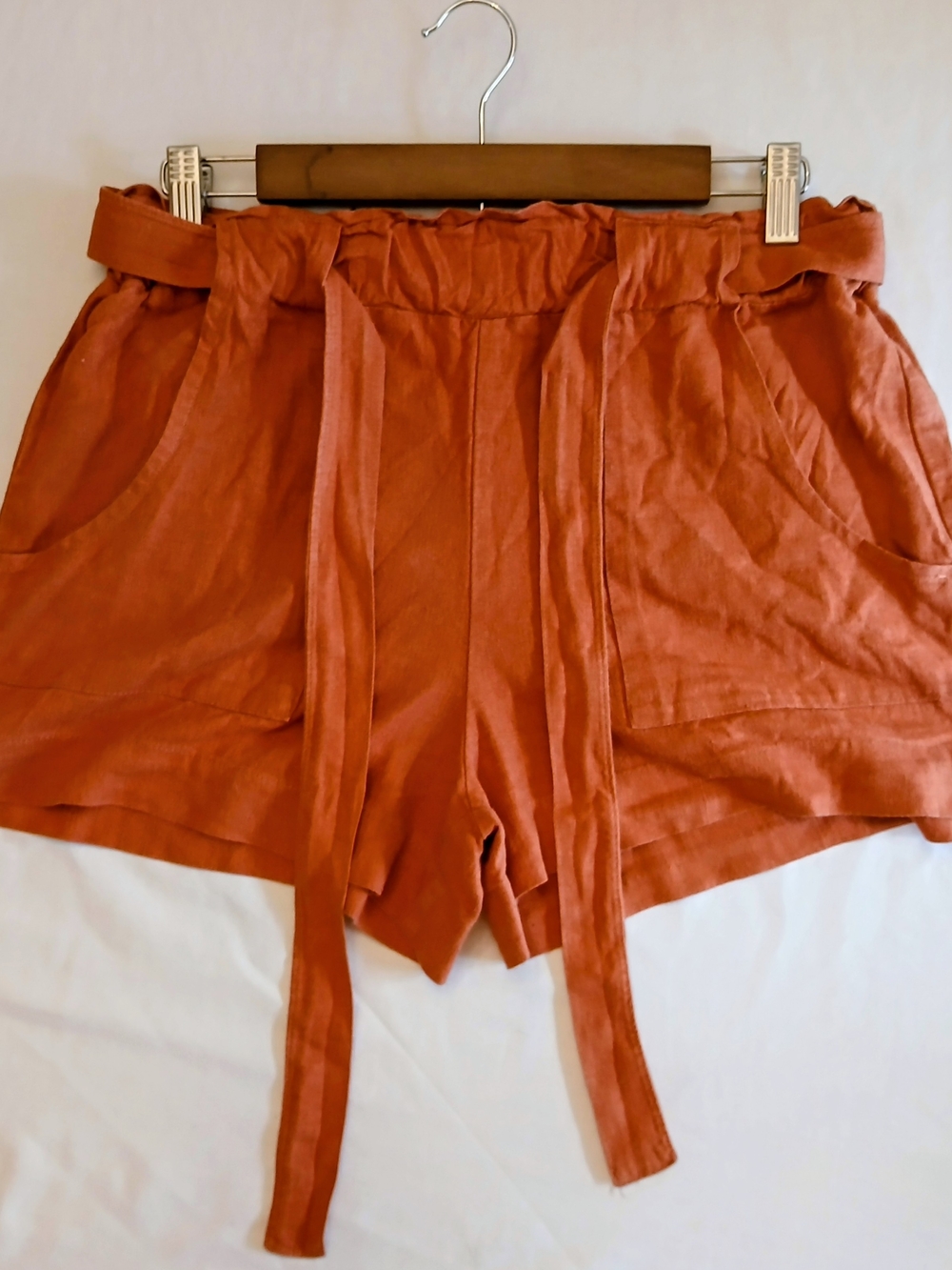 Rocks & Indigo Rust Orange Paperbag Linen Blend Tie Waist Shorts Size M